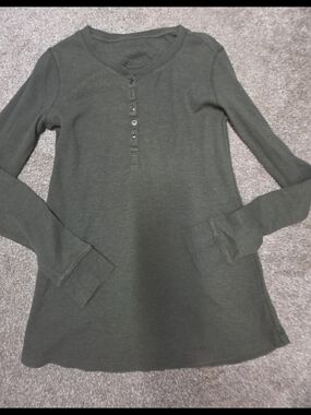 Olive Green Ribbed Henley Long Sleeve Top